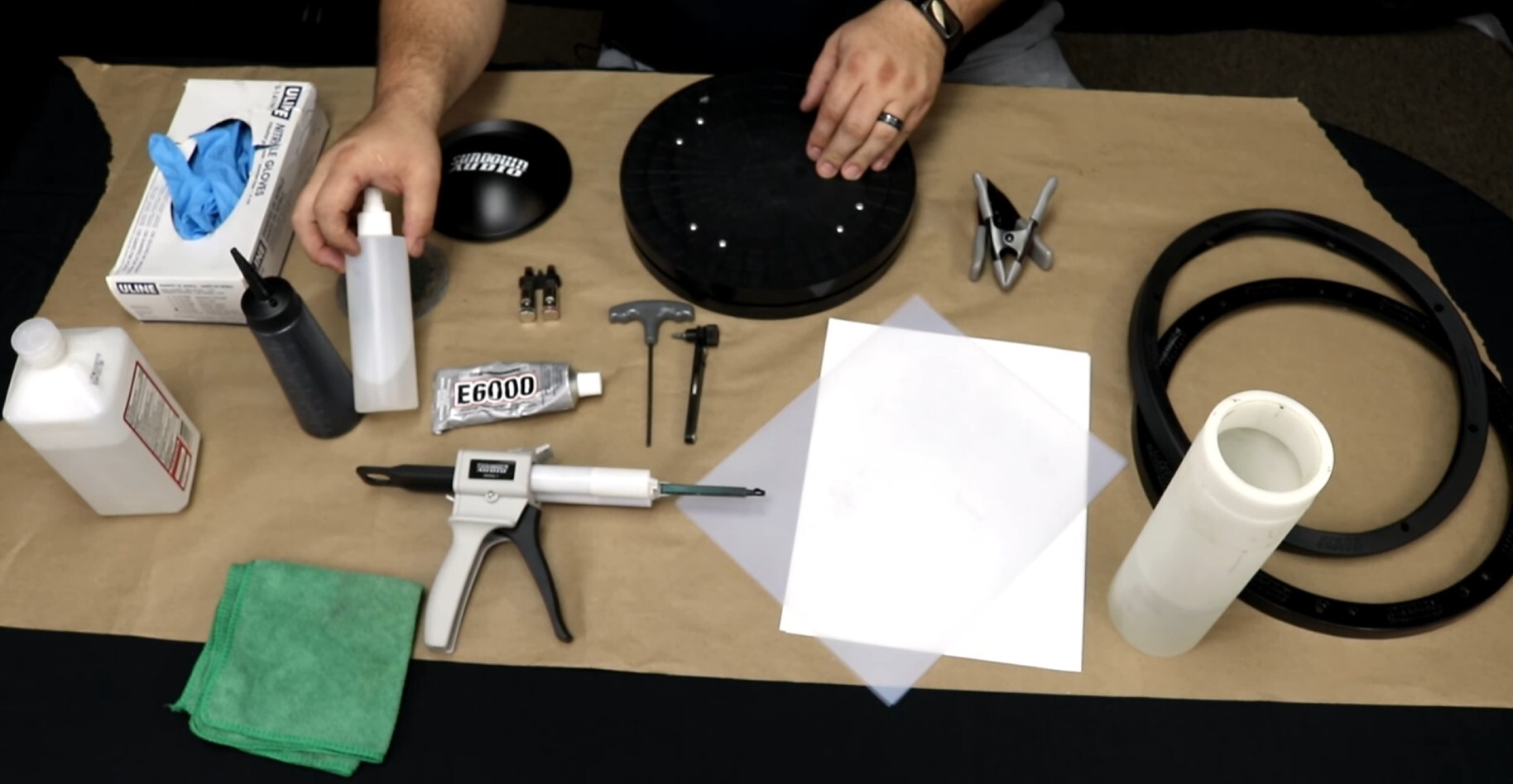 Sundown Audio subwoofer recone prep tools used for cleaning, preparing, and rebuilding subwoofers, including tools for spider landing prep, glue application, and repair setup.