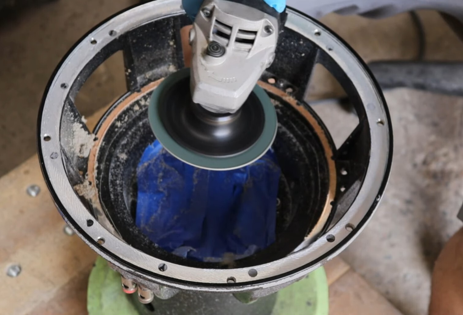 Sundown Audio recone angle grinder used for subwoofer spider landing preparation, removing old glue and cleaning basket surfaces for accurate speaker recone repairs.